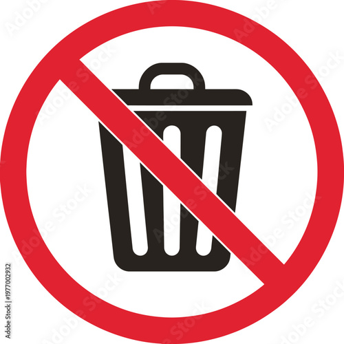 No littering sign vector illustration showing black trash bin icon crossed out inside red circle bar.