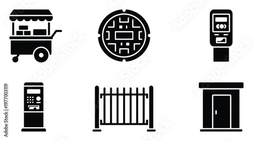 Modern urban infrastructure and street furniture icons depicting food cart, manhole, payment terminal, protective fence, and service kiosk for contemporary city planning graphics
