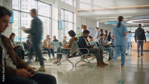 Generative Ai a busy hospital waiting area with diverse patients and staff