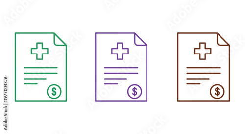 Set of three medical documents or prescriptions with health symbols and dollar signs in different colors on white