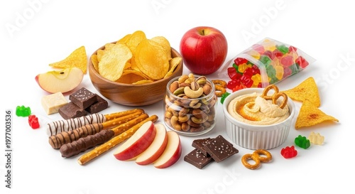 Assorted snack food collection, salty potato chips and pretzels with sweet gummy bears, healthy apple slices and mixed nuts for balanced snacking isolated on White Background