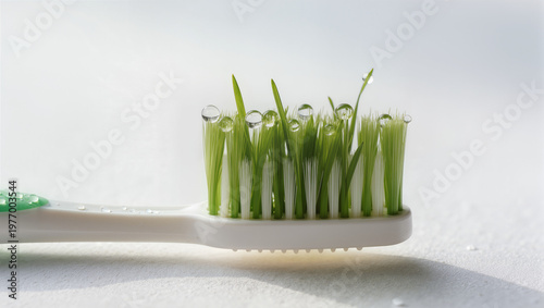 Close-up of a Toothbrush with Fresh Growing Grass Instead of Bristles