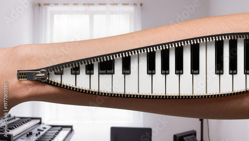Macro Close-up of Skin Zipper Opening to Reveal Piano Keys Inside
