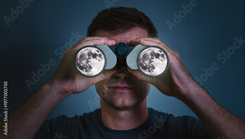 Surreal Image of a Man Looking Through Binoculars with Moons in the Lenses