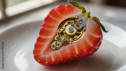 Surreal Close-up of a Strawberry Sliced Open to Reveal Mechanical Gears