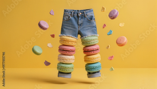 Whimsical Concept of Denim Shorts with Legs Made of Colorful Macarons
