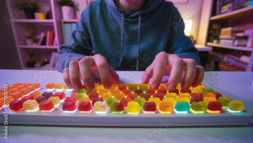 Surreal Concept of a Person Typing on a Keyboard Made of Colorful Gummy Bears