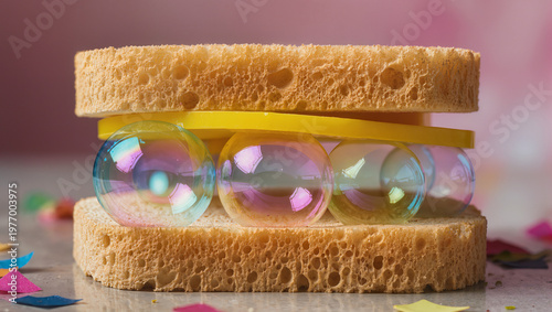 Creative Food Concept of a Sandwich Filled with Large Glowing Soap Bubbles
