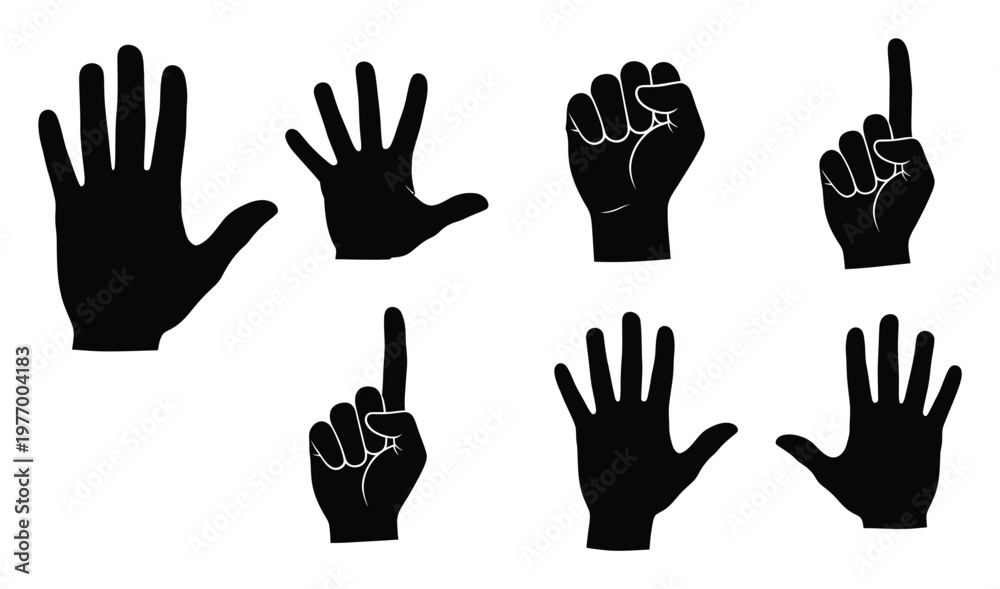 Fototapeta premium Silhouetted human hand gestures demonstrating various numbers and communication symbols, useful for educational presentations and diverse graphical design projects.