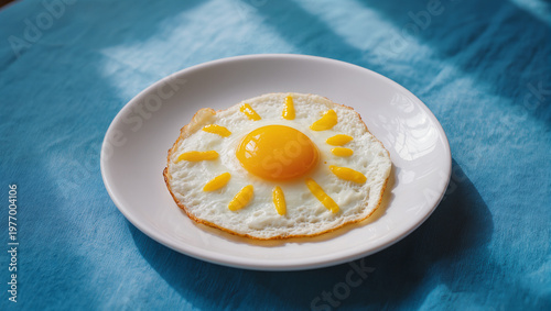 Surreal Concept of a Fried Egg with Rays Forming a Sun on a White Plate