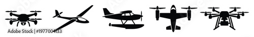 Collection of diverse flying vehicles including quadcopter drones gliders floatplanes and tiltrotor aircraft for aviation technology and aerial transportation projects