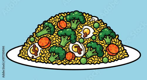 Illustration of vibrant fried rice mixed with colorful vegetables including broccoli, carrots, and peas on a white plate with a blue background