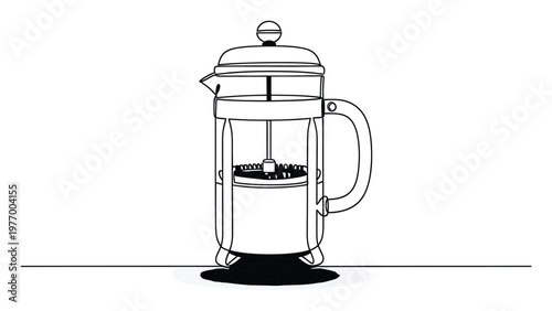 Minimalist black outline drawing of a classic French press coffee maker with plunger filter detail, perfect for kitchen decor or a coffee shop menu
