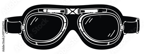 Classic black and white aviator goggles featuring detailed lenses and adjustable strap, perfect for aviation enthusiast merchandise, historical vehicle graphics, and retro travel