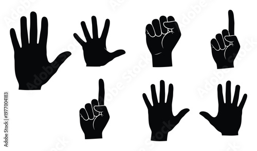 Silhouetted human hand gestures demonstrating various numbers and communication symbols, useful for educational presentations and diverse graphical design projects.
