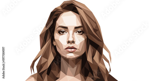 Geometric illustration of a woman with long, wavy hair in polygonal style against a white background
