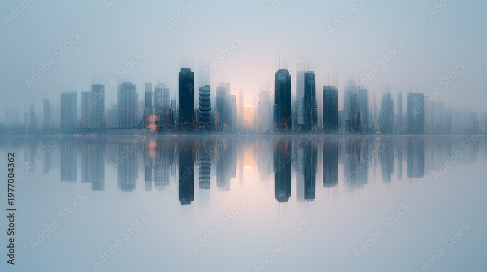 Obraz premium Abstract City Skyline Reflection at Sunrise – Modern Urban Architecture Background