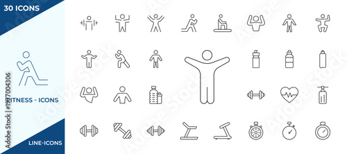 Set of Fitness icons. Fitness training and workout activity line icons for mobile apps. Collection of gym equipment, hydration bottles, timing devices.