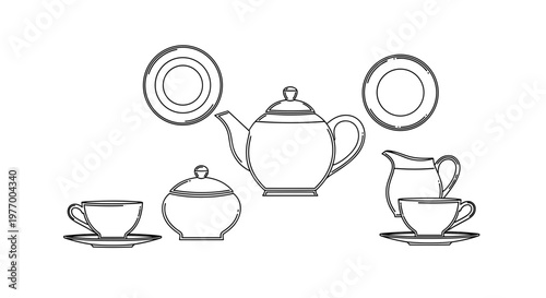 Elegant porcelain teacup set with teapot, sugar bowl, and saucers in minimalist black and white line art on white background
