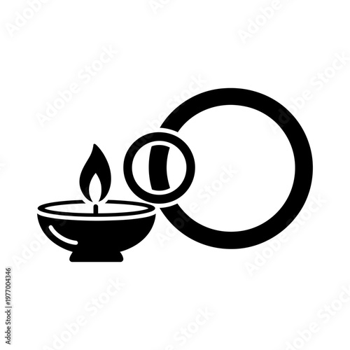 Black glyph of diya lamp with flame and ring