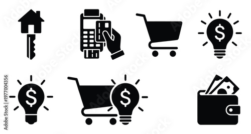 Comprehensive set of black glyph icons illustrating key financial concepts including property ownership, digital payment, retail commerce, and innovative money ideas for business and