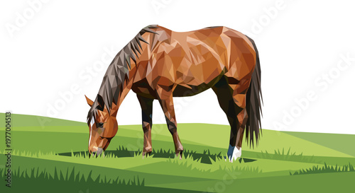 Polygonal illustration of a brown horse grazing peacefully in a lush green meadow with a minimalist white background