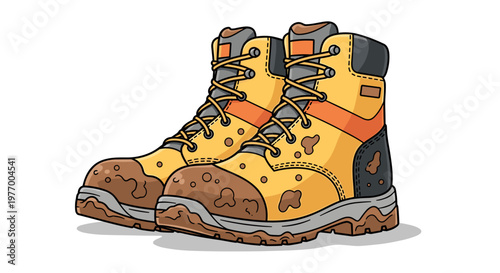 Illustration of rugged work boots with dirty patches, featuring bright orange and yellow hues, detailed laces, and a sturdy design against a white background