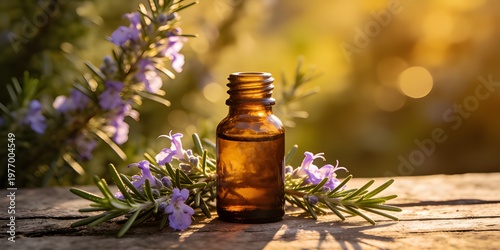 A small amber bottle of essential oil surrounded by rosemary flowers and leaves on a wooden surface in a natural setting.