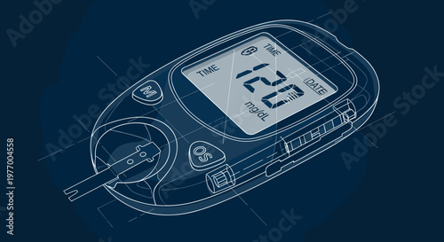 Detailed blueprint illustration of a diabetes blood sugar meter displaying a reading of 120 mgdL, set against a dark blue technical background
