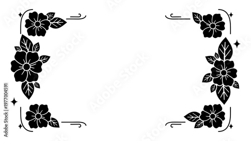 Minimalist black floral border vector illustration with flowers and leaves for wedding invitation and card design