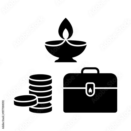 Business briefcase with coins and a lit oil lamp on white