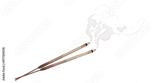 Two incense sticks gracefully burning with swirling smoke trails on a clean white background, creating a serene and calming atmosphere