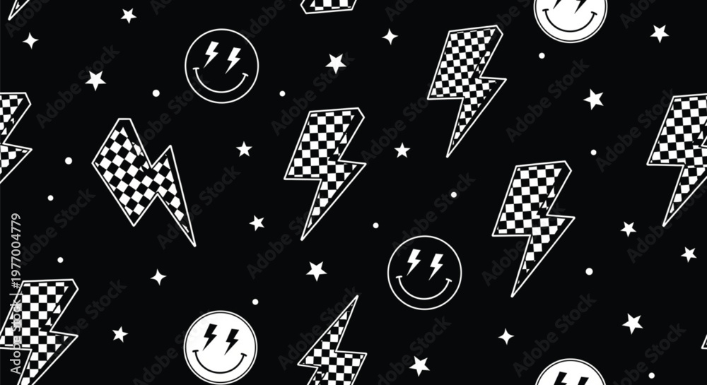 Obraz premium Black and white seamless pattern with lightning bolts checker smiley faces stars edgy retro background