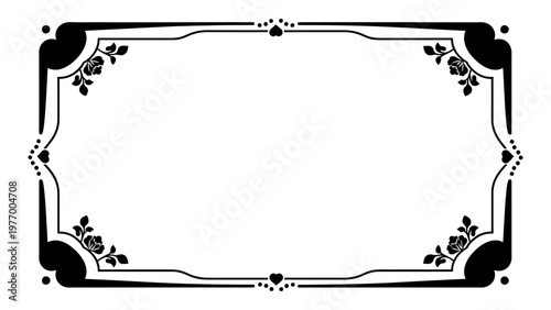 Ornate vintage floral frame with roses and hearts black vector border for wedding invitations and certificates