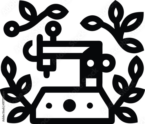 Sewing machine icon vector linear illustration with floral branch design elements for craft hobby.