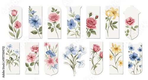 Delicately painted floral bookmarks featuring roses and wildflowers in soft pastel hues on a white background