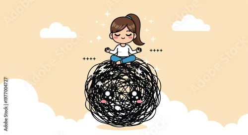 Cute cartoon girl sitting peacefully on a large tangled ball of black yarn with a calm expression and fluffy clouds