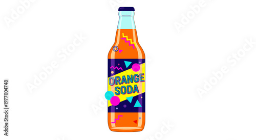 Vibrantly designed bottle of orange soda with colorful geometric patterns on label, isolated against a white background