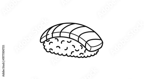 Minimalist black and white illustration of a sushi nigiri closeup with detailed rice and fish textures on a white background