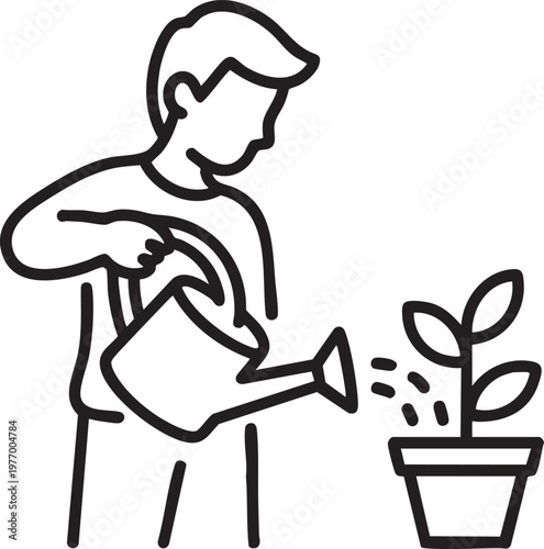 Man watering a plant with a watering can in a simple vector illustration
