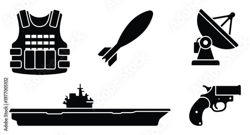 Collection of war and protection equipment glyphs showcasing a bulletproof vest, bomb, radar dish, aircraft carrier, and handgun, ideal for military strategy infographics or UI elements.