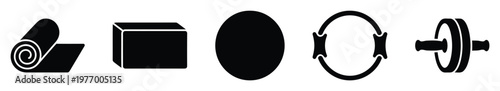 Fitness equipment icons collection for health and wellness applications including pilates ring yoga mat ab roller and exercise block for workout studio branding