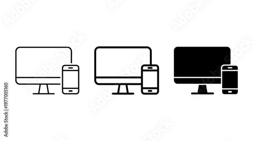Desktop monitor and smartphone icon set in outline, gray, and solid styles symbolizing responsive design and cross-device compatibility