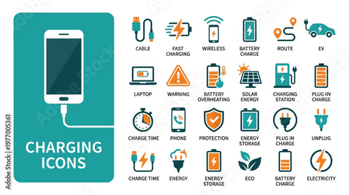 Comprehensive charging icons collection: a vector infographic featuring battery, USB, wireless, solar, EV charging and related symbols for tech UI design