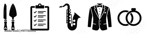 Versatile collection of event planning and celebration icons featuring cake utensils a checklist a saxophone a tuxedo and wedding rings for various projects