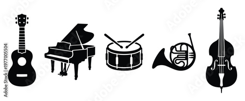 A collection of various musical instruments including a ukulele grand piano drum French horn and double bass perfect for music education advertising and creative design projects