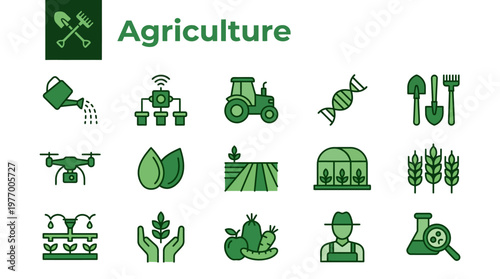 Green agriculture icon set featuring farming equipment, crops, and rural tools for branding and UI design