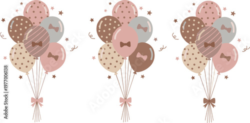 Vector illustration of pastel balloon clusters with bows, polka dots, stripes, and decorative stars