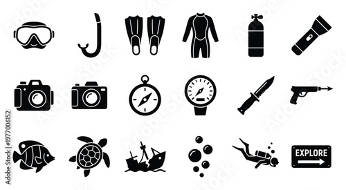Comprehensive collection of black silhouette diving and snorkeling equipment icons, perfect for web, print, and mobile application design projects or educational marine exploration themes.
