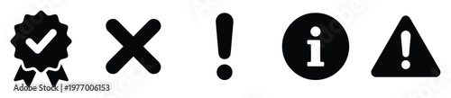 Collection of essential notification icons and symbols including checkmark badge, rejection cross, alert exclamation mark, information sign, and warning triangle for user interface status